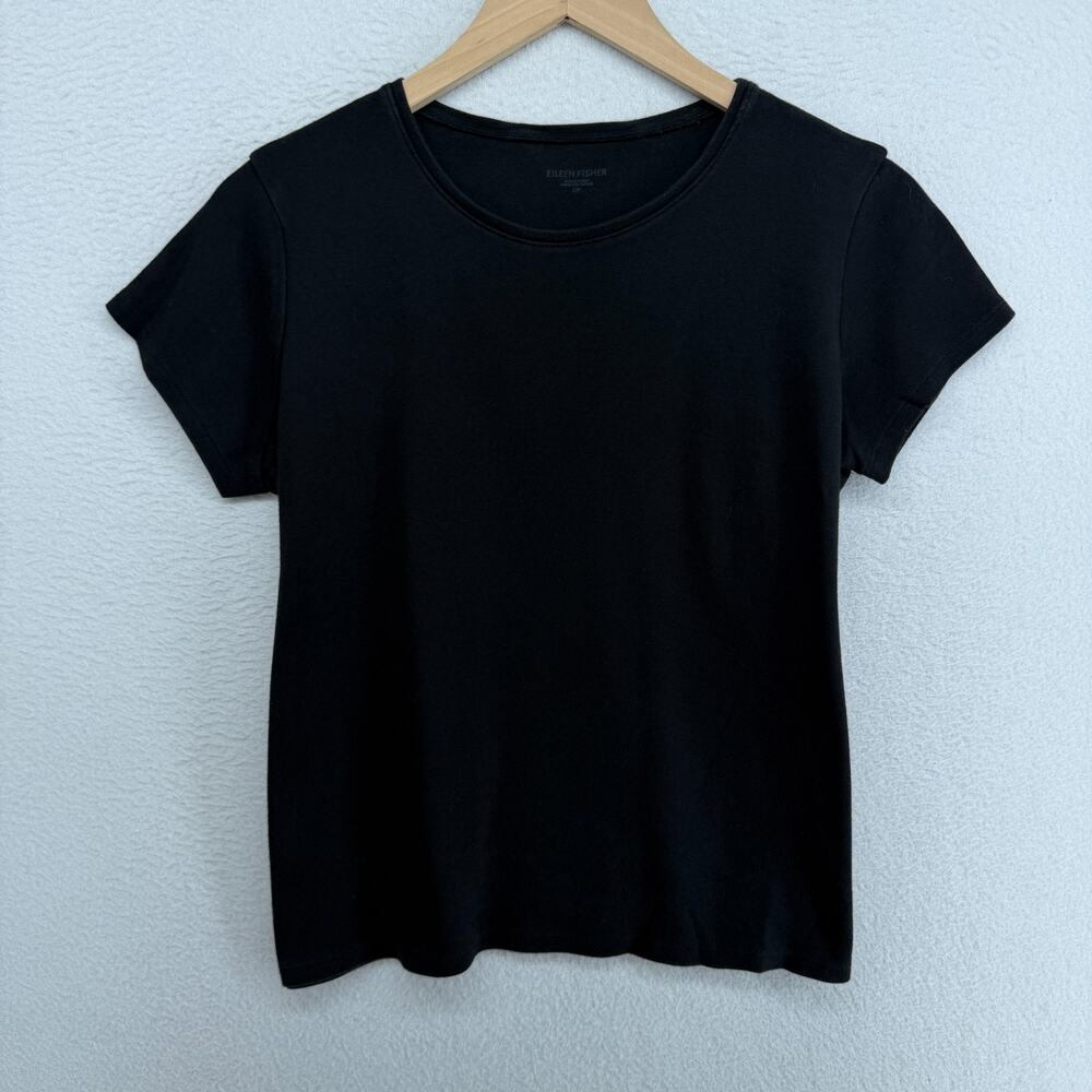 EILEEN FISHER Top S Stretch Organic Cotton Scoop Neck Short Sleeve Basic Black